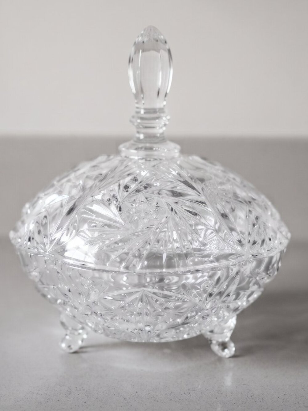 Vintage Lead Crystal Footed Lidded Candy Dish Cut Glass Pinwheel 7" Tall Display